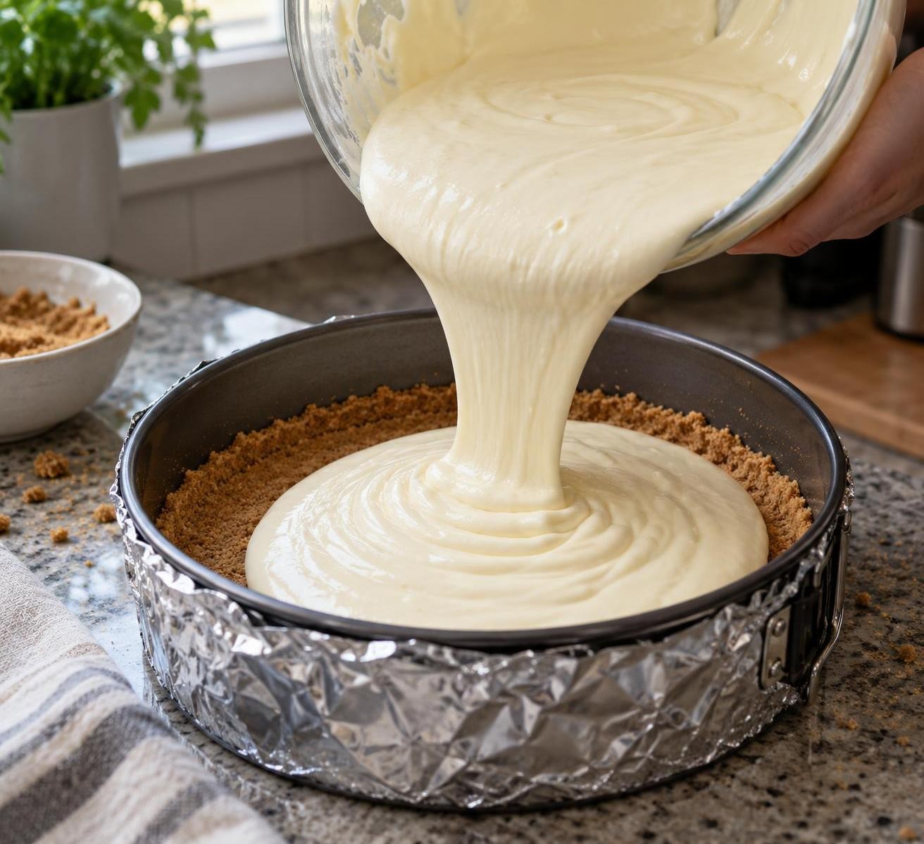 Glossy cheesecake batter in a mixing bowl