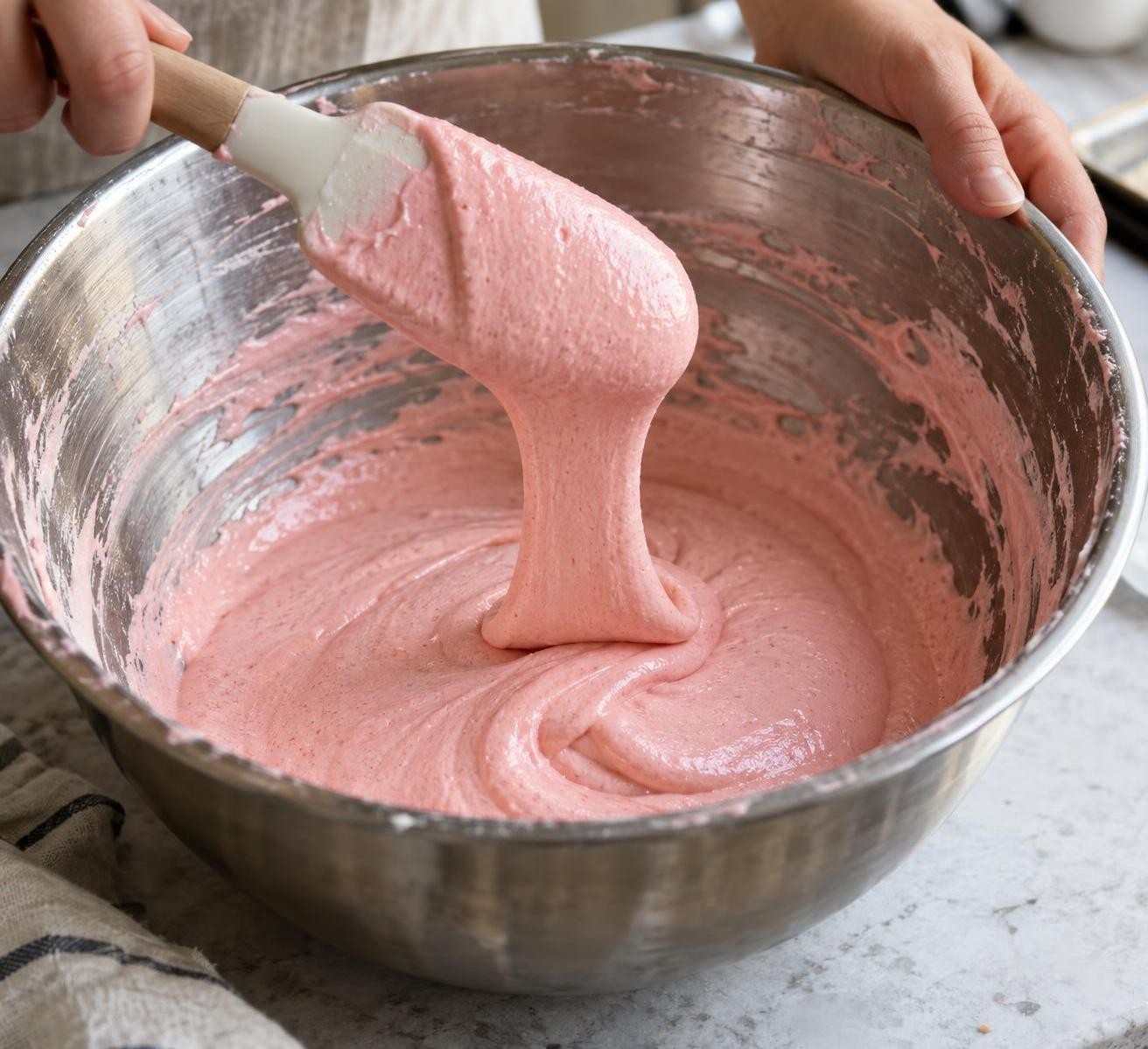 Glossy macaron batter being folded with a spatula