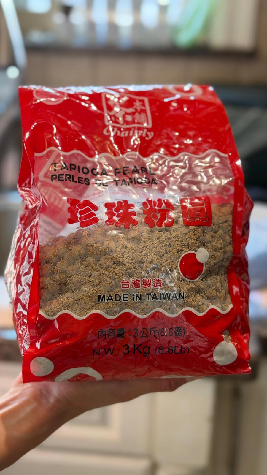 The store-bought tapioca pearls we used — a 3 kg bag of Chai Try tapioca pearls, made in Taiwan.