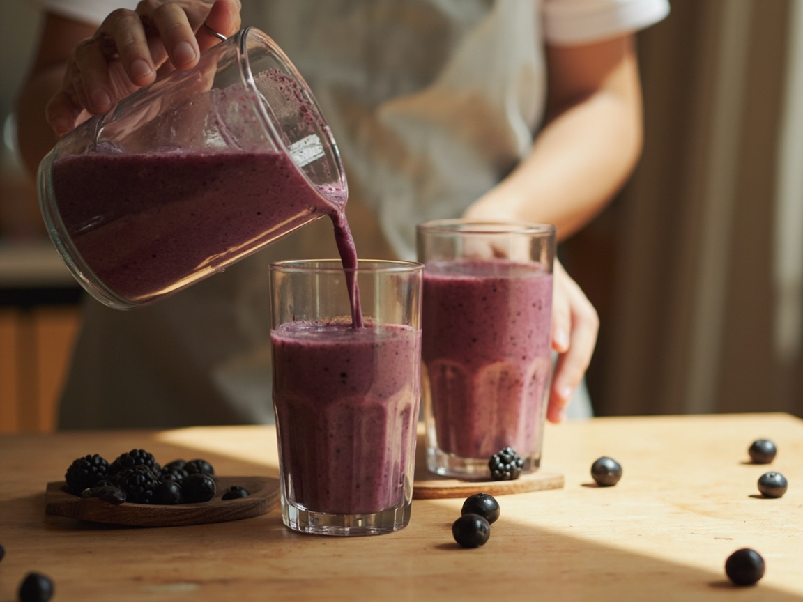 Hands pouring a thick berry smoothie into two clear glasses
