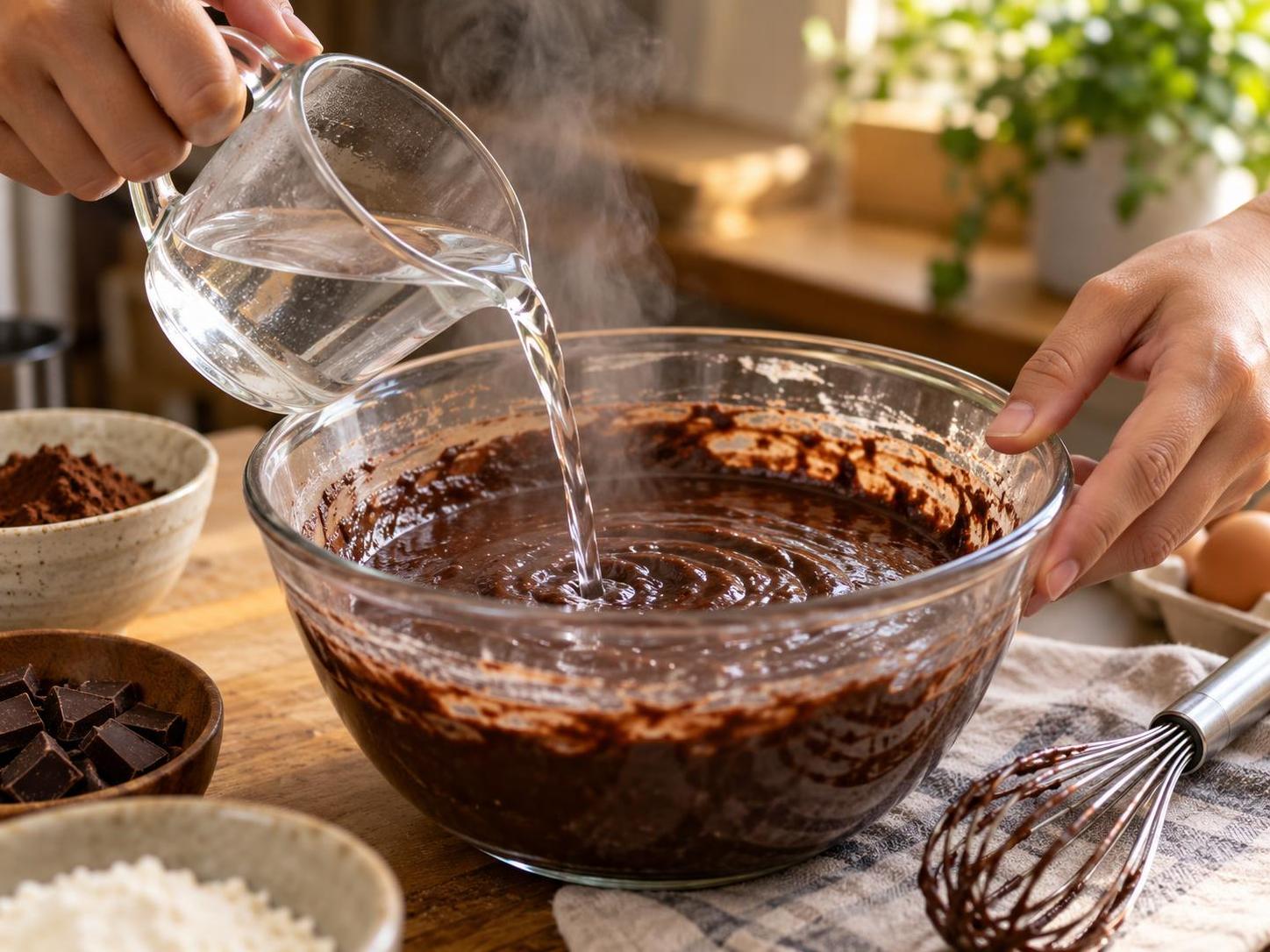 Asian hands pouring boiling water into glossy chocolate cake batter
