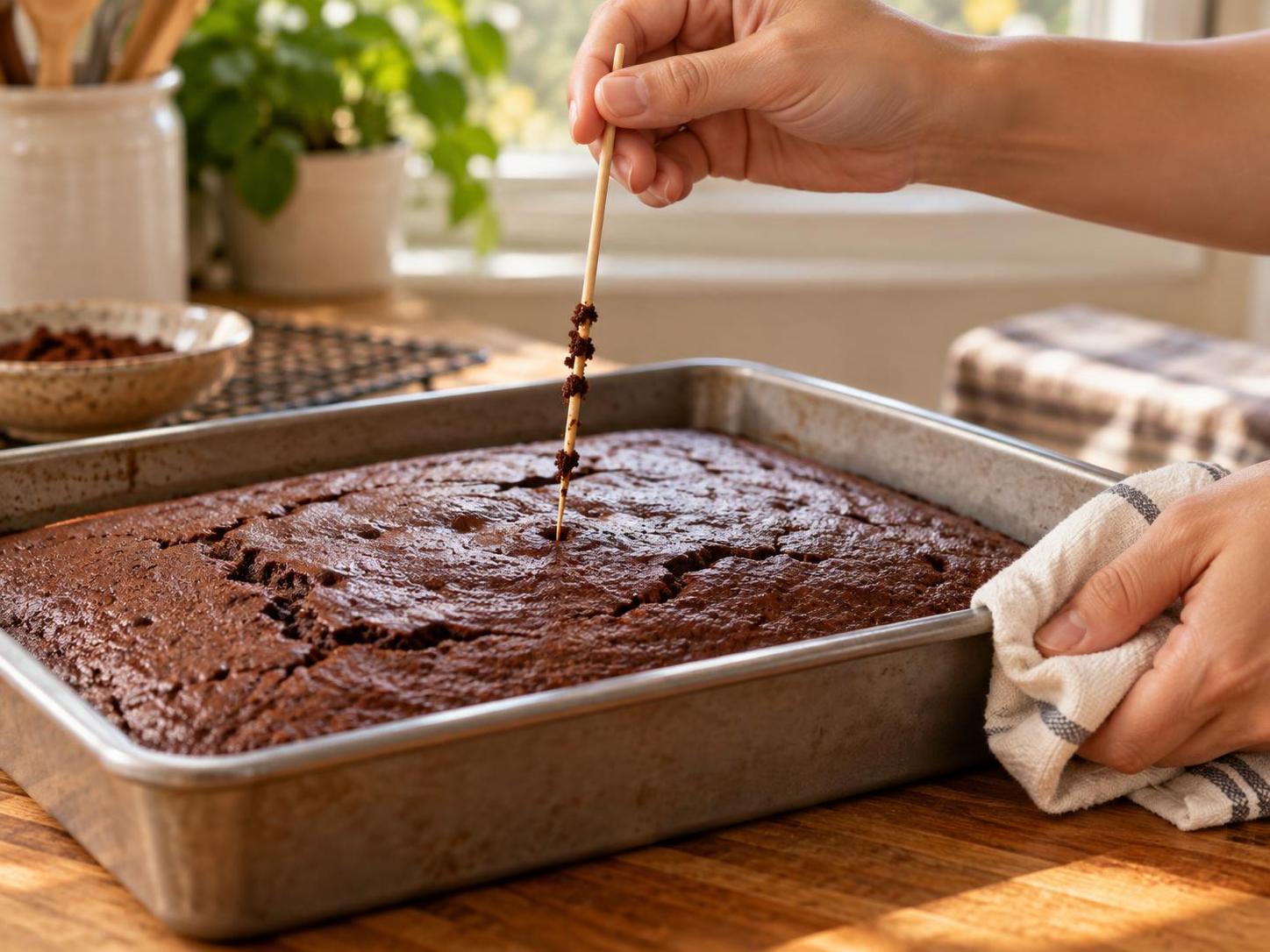 Asian hands testing a chocolate cake with a wooden skewer for moist crumbs