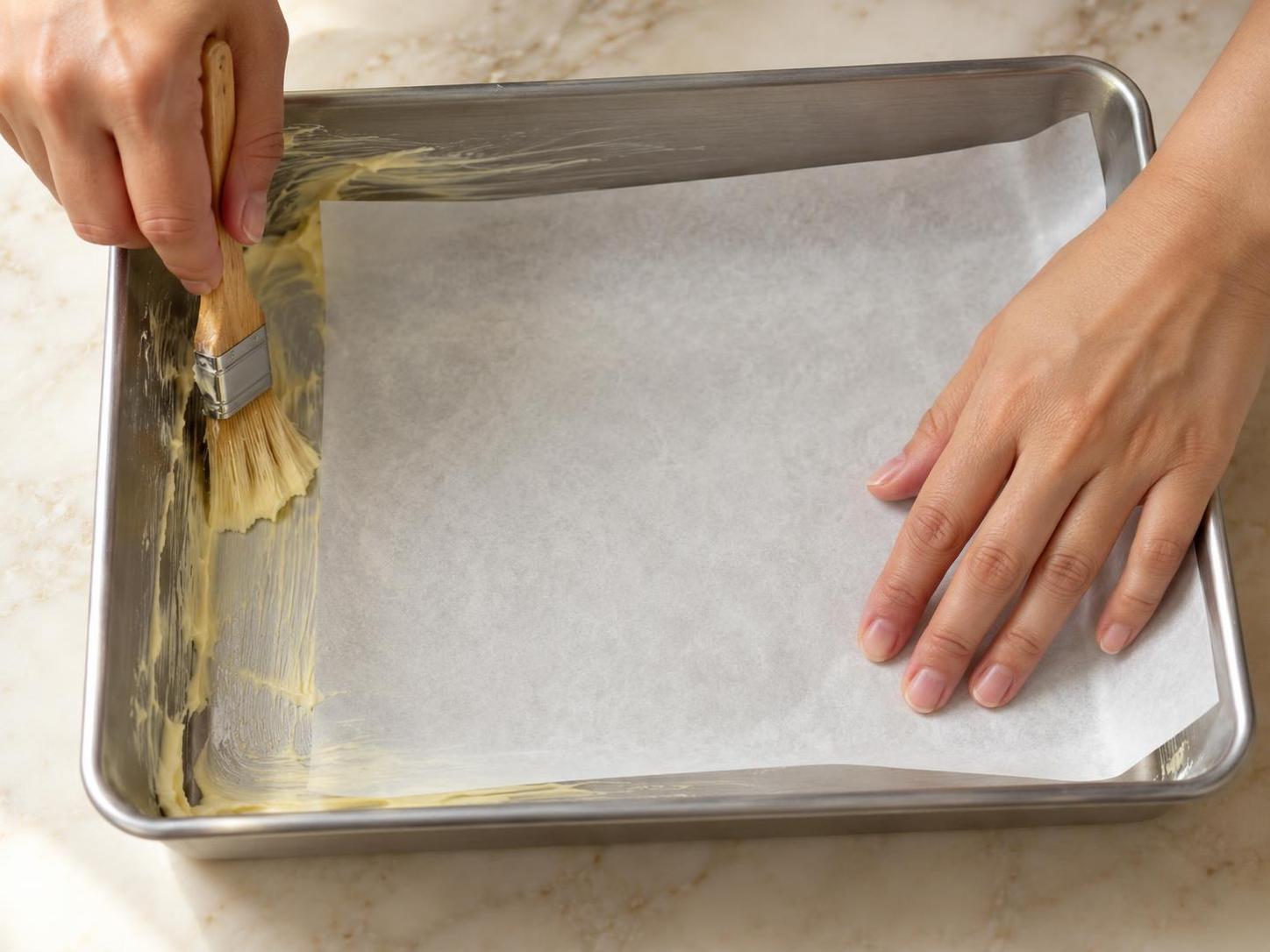 Asian hands greasing and lining a cake pan on a home kitchen counter